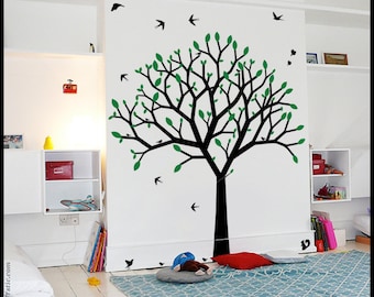 TREE WALL DECAL : Spring Tree wall decor kids nursery. Straight branches, stylized birds and squirrels