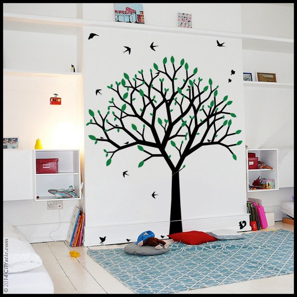 Sticker Mural Arbre Motifs Tissu – Autocollant Vinyle Pour Chambre Bébé, P11, Neuf