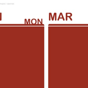 May include: A weekly planner with the days of the week labeled in French, English, and Japanese. The days of the week are labeled "LUN", "MON", "MAR", and "TUE".