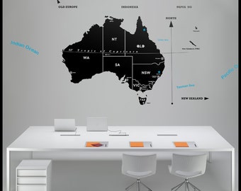 AUSTRALIA MAP Wall DECAL : Map of all Australia with major cities, states, names, ocean names, Sydney, Melbourne, Brisbane, sticker, vinyl