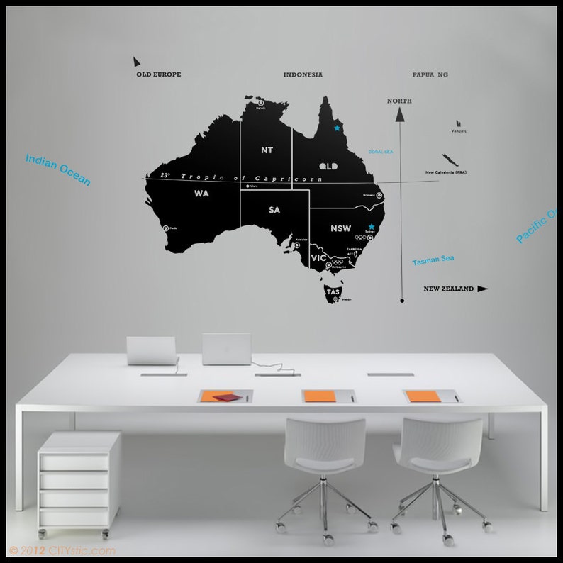 australia map wall decal : map of all australia with major | etsy