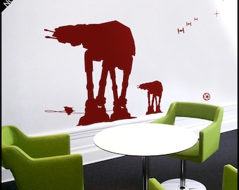 Star Wars WALL DECAL : At-At Walkers silhouettes being hooked. With galaxy stars. Snowspeeders. Decor, vinyl, sticker