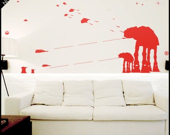 Star Wars WALL DECAL : At-At Walker silhouettes standing. With galaxy stars. Snowspeeders. Decor, vinyl, sticker