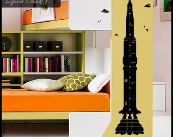 Rocket Chart Decal : Chart Height in centimeters (also avail. in inches) with the Nasa rocket (Saturn V) with clouds, stars. Liquid Chalk