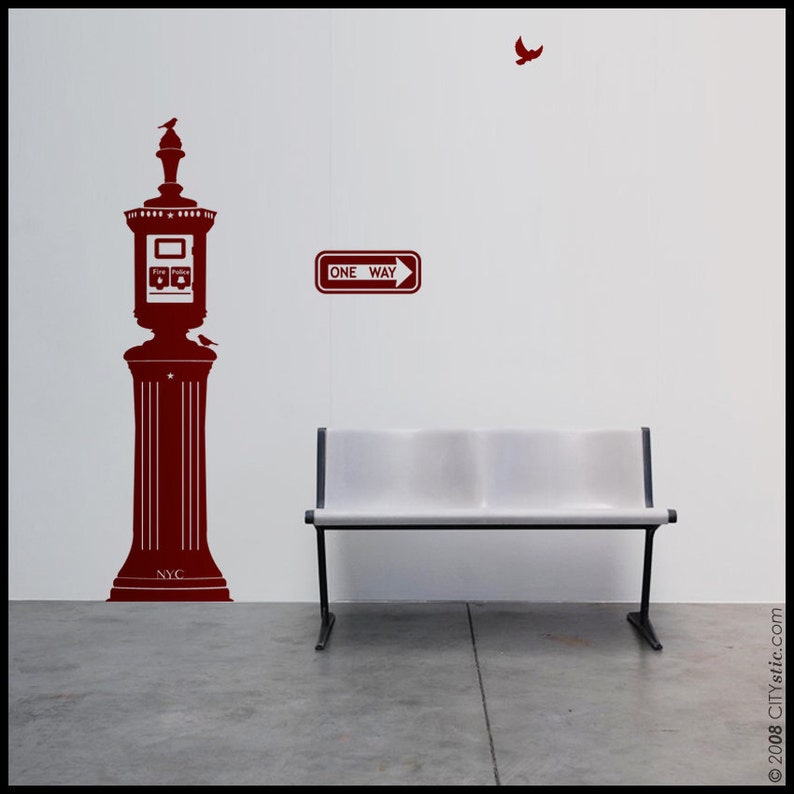 NYC WALL DECAL : Fire Bell Alarm Emergency Police Firemen. Birds, sparrows sticker. Free One Way sign decal image 1