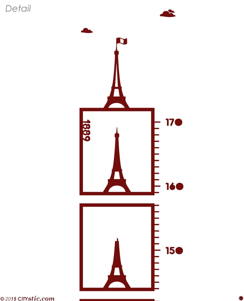 Paris Chart Height Decal Kid Growth sticker featuring the Eiffel Tower in Centimeters with Construction phases