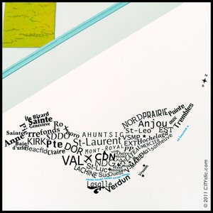 MONTREAL - STICKER MURAL : La ville de Montréal sur une carte toute de lettres et d'icônes, Québec, Canada