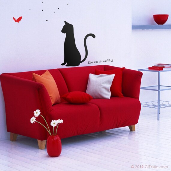 Animal CAT WALL DECAL Seated Cat Shape With Butterfly Flying Etsy