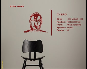 STAR WARS Wall DECAL :  C3-Po droid with character's description and facts. Design sticker. Youth decal, kids decal