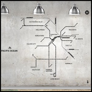 Calcomanía de pared de Los Ángeles - Mapa de Go Metro de Los Ángeles, estaciones principales, líneas de autobús y tren Calcomanía de mapa de metro - Decoración de pared de Los Ángeles - Adhesivo de vinilo