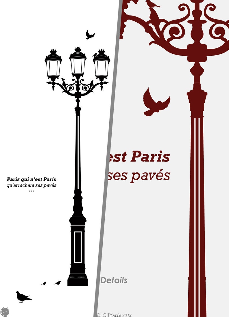 PARIS LAMP DECAL : Old fashion Triple Street Lamp with pigeons, birds, 19th Century, Paris decor image 2