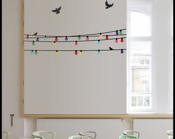 COLOR LAMP DECAL : 5 Strings of fairy lights as in a garden party. Multi color bulb sticker, birds, decoration