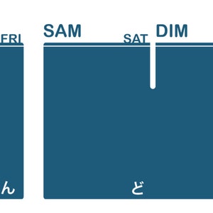 May include: A French calendar with the days of the week labeled in French and Japanese. The days of the week are: Friday, Saturday, Sunday, and Monday. The Japanese words for the days are: "kin", "do", and "nichi".