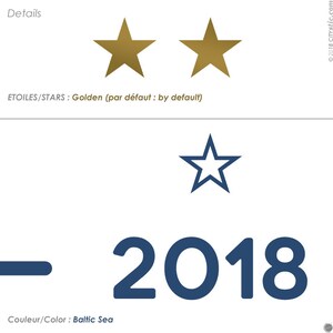Puede incluir: Dos estrellas doradas con el texto "ETOILES/STARS: Golden (par d&eacute;faut: by default)" y una estrella azul con el texto "2018" y "Couleur/Color: Baltic Sea".