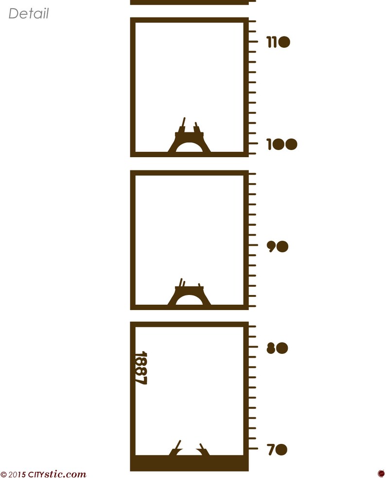 Paris Chart Height Decal Kid Growth sticker featuring the Eiffel Tower in Centimeters with Construction phases