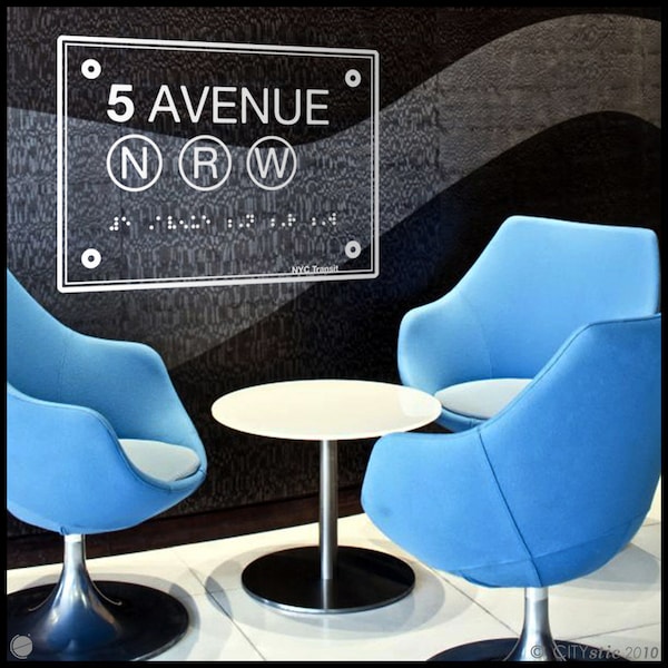 NYC :  WALL DECAL - 5th Avenue (n r w Lines) with Braille Central Park Subway Station Sign.