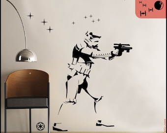 Star Wars WALL DECAL : Empire Stormtrooper silhouette standing. With galaxy stars. Free Death Star. Decor, vinyl, sticker. The Force awakens