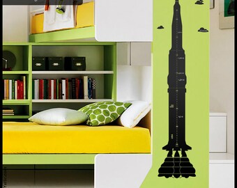 ROCKET KID DECAL : Growth Chart from Famous Nasa rocket (Saturn 5) with clouds and stars. In Inches  Height Chart Decal.