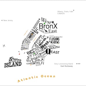 NYC KAART: 5 stadskaart in woorden Sticker - iconen - letters van New York. Gratis sticker eenrichtingsverkeer, Manhattan, Brooklyn, Bronx, Queens, Empire