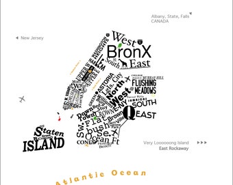 For Letticia  : 5 Borough Map in words - icons - letters of New York. Free one way sign decal, Manhattan, Brooklyn, Bronx, Queens, Empire