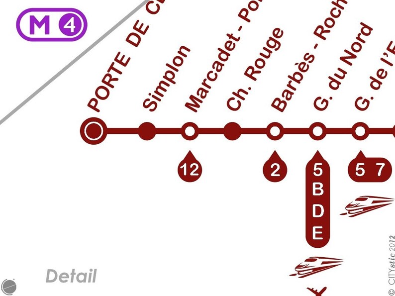 Ch\u00e2telet Montparnasse Odeon Town center with stations and connections PARIS WALL DECAL : North-South Line 4 of the Parisian Subway