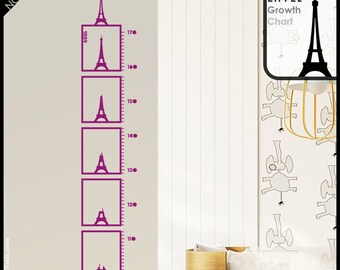 Paris Chart Height Decal Kid Growth sticker featuring the Eiffel Tower in Centimeters with Construction phases