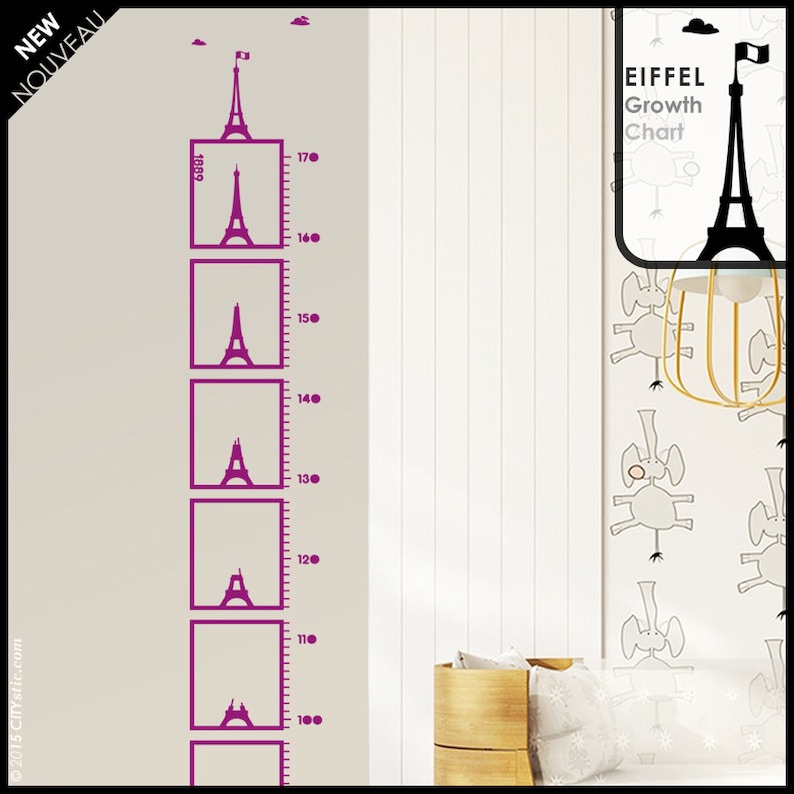 Paris Chart Height Decal Kid Growth sticker featuring the Eiffel Tower in Centimeters with Construction phases