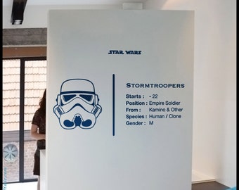 STAR WARS Wall DECAL :  Empire' Stormtrooper helmet with soldier description and facts. Design sticker. Youth decal, kids decal