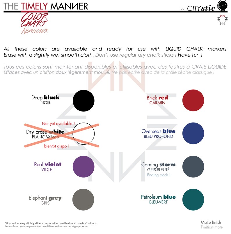 May include: A color chart with 10 different colors, including deep black, brick red, overseas blue, real violet, elephant grey, petroleum blue, and coming storm. The chart is labeled "Color Chart" and "Nuancier". The text "All these colors are available and ready for use with LIQUID CHALK markers. Erase with a slightly wet smooth cloth. Don't use regular dry chalk sticks! Have fun!" is also included.