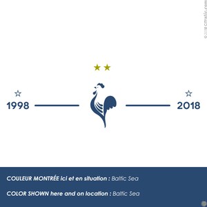 Puede incluir: Un logotipo de gallo azul con dos estrellas doradas encima. El texto "1998" y "2018" aparecen a cada lado del gallo con una estrella encima de cada a&ntilde;o. El texto "COULEUR MONTR&Eacute;E ici et en situation : Baltic Sea" y "COLOR SHOWN here and on location: Baltic Sea" aparecen debajo del logotipo.
