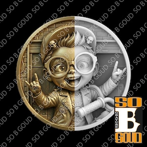 Könnte beinhalten: Eine zweifarbige Münze mit einem Cartoon-Jungen mit Brille, Lederjacke und einer Rock'n'Roll-Handgeste. Die linke Seite ist goldfarben, die rechte Seite ist grau. Das Wort "REBEL" ist auf der Jacke zu sehen. Die Münze trägt den Text "SO B GOUD".