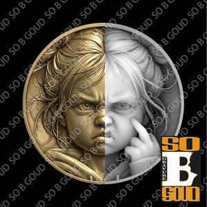 May include: A circular relief sculpture split into gold and grayscale halves, depicting a child with an angry expression. The text "SO GRAVURE GOUD" is visible in the lower right corner. The artwork is set against a black background.