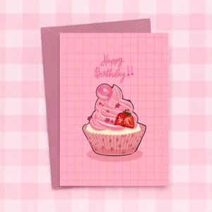 Carte d'anniversaire cupcake aux fraises - carte pliable imprimable rose avec bonbons chewing-gum et fraises, formats A6 et 5 x 7, art culinaire mignon kawaii