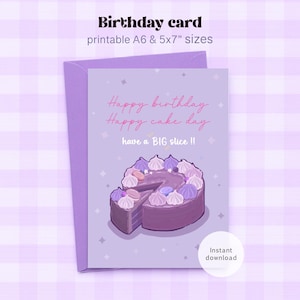 Lila Taro Kuchen Geburtstagskarte - Druckbare faltbare Karte A6 oder 5x7 ” | Kawaii Dessert Gruß | Niedliche digitale Food Karte