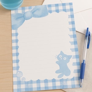 Papel de carta para impressão – Papelaria com gato e fita aquarela azul