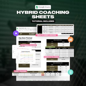 Könnte beinhalten: Ein digitaler Fitnessplaner mit dem Text "HYBRID COACHING SHEETS" und "TUTORIAL INCLUDED." Der Planer enthält Abschnitte für Kundendaten, Fortschrittsverfolgung, Essensplanung, Trainingsplanung und Gewohnheitsverfolgung. Das Google Sheets-Logo ist sichtbar.