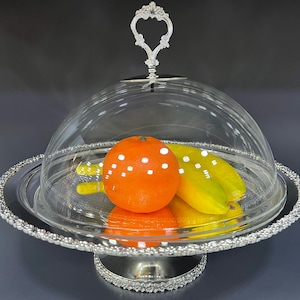 Handmade Silver Plated Cake Stand: Brass Floral Pedestal, Plexiglass Top