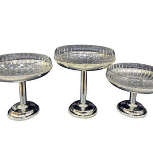 3-teiliges Glas & Messing Servier Schüsseln Set | Handgefertigtes versilbertes Podest-Trio für die elegante Speisenpräsentation | Luxus Tischdekoration