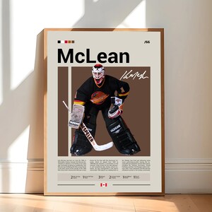 Pôster de Kirk McLean, pôster do Vancouver Canucks, pôster da NHL, pôster de hóquei, pôster esportivo, pôster moderno de meados do século, pôsteres esportivos para quarto