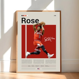Póster de Derrick Rose, Chicago Bulls, Póster de la NBA, Póster deportivo, Estilo moderno de mediados de siglo, Fanáticos de la NBA, Regalo de baloncesto, Pósters deportivos para dormitorio