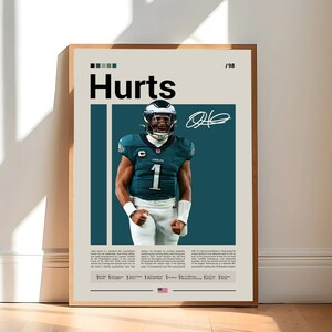 Pôster de Jalen Hurts, pôster do Philadelphia Eagles, pôster da NFL, pôster de esportes, pôster de futebol americano, arte de parede da NFL, pôsteres de esportes para quarto