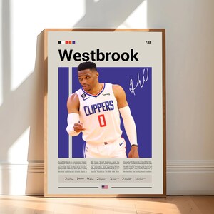 Pôster de Russell Westbrook, Oklahoma City Thunder OKC, pôster da NBA, pôster esportivo, estilo moderno de meados do século, fãs da NBA, pôsteres esportivos para quarto