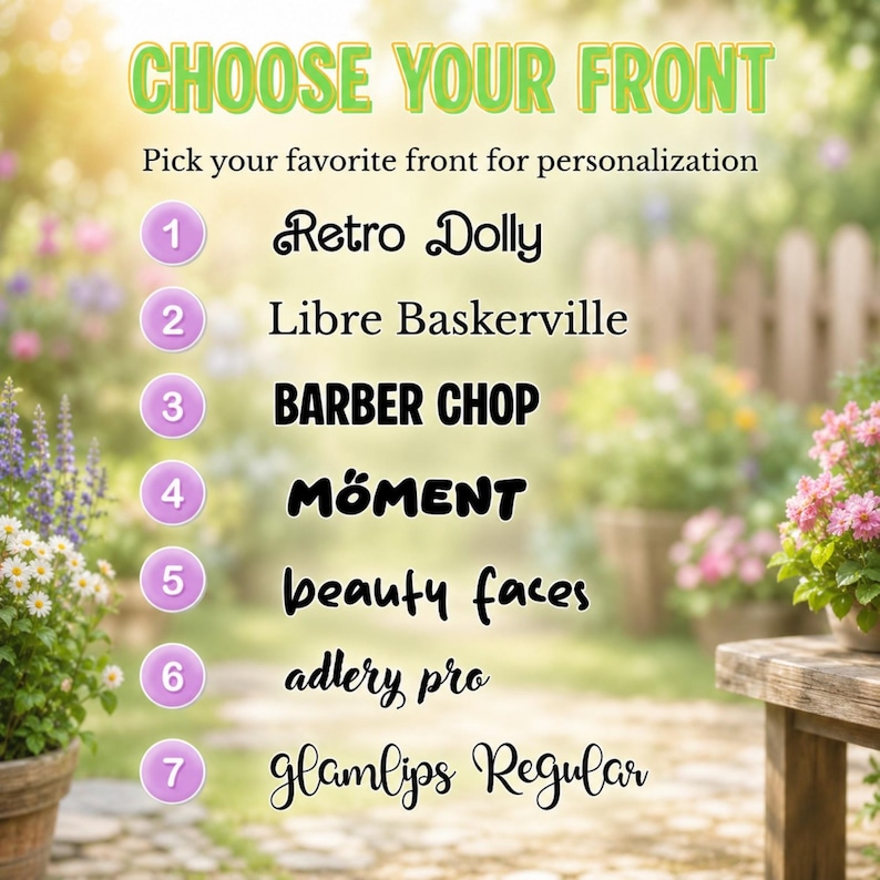 May include: Image with the text "CHOOSE YOUR FRONT" in green, with a list of font options for personalization. The options include "Retro Dolly", "Libre Baskerville", "BARBER CHOP", "M&Ouml;MENT", "beauty faces", "adlery pro", and "glamlips Regular".
