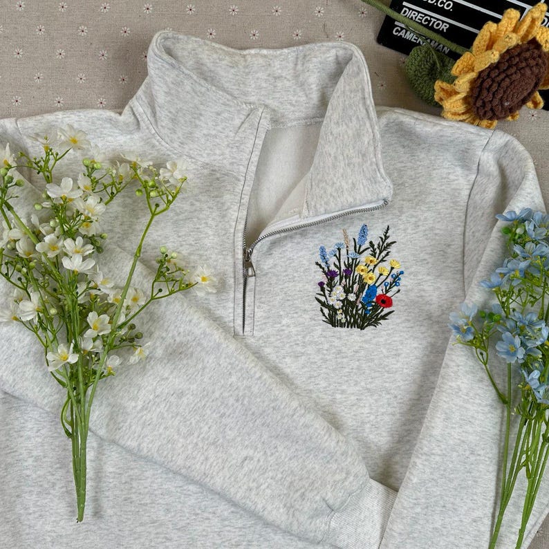 Embroidered Wildflower Quarter Zip Sweatshirt – Minimalist Floral ...