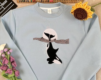 Orca Moon Embroidered Sweatshirt – Killer Whale Hoodie, Ocean Wildlife Embroidery, Marine-Inspired Gift