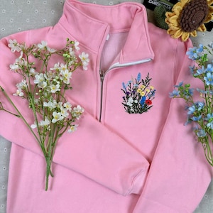 Embroidered Wildflower Quarter Zip Sweatshirt – Minimalist Floral Pullover, Cottagecore Botanical Gift