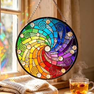 May include: A colorful stained glass window hanging in front of a window. The circular design features a rainbow spiral with clear and iridescent accents. A cup of tea and a folded beige blanket sit on the wooden windowsill.