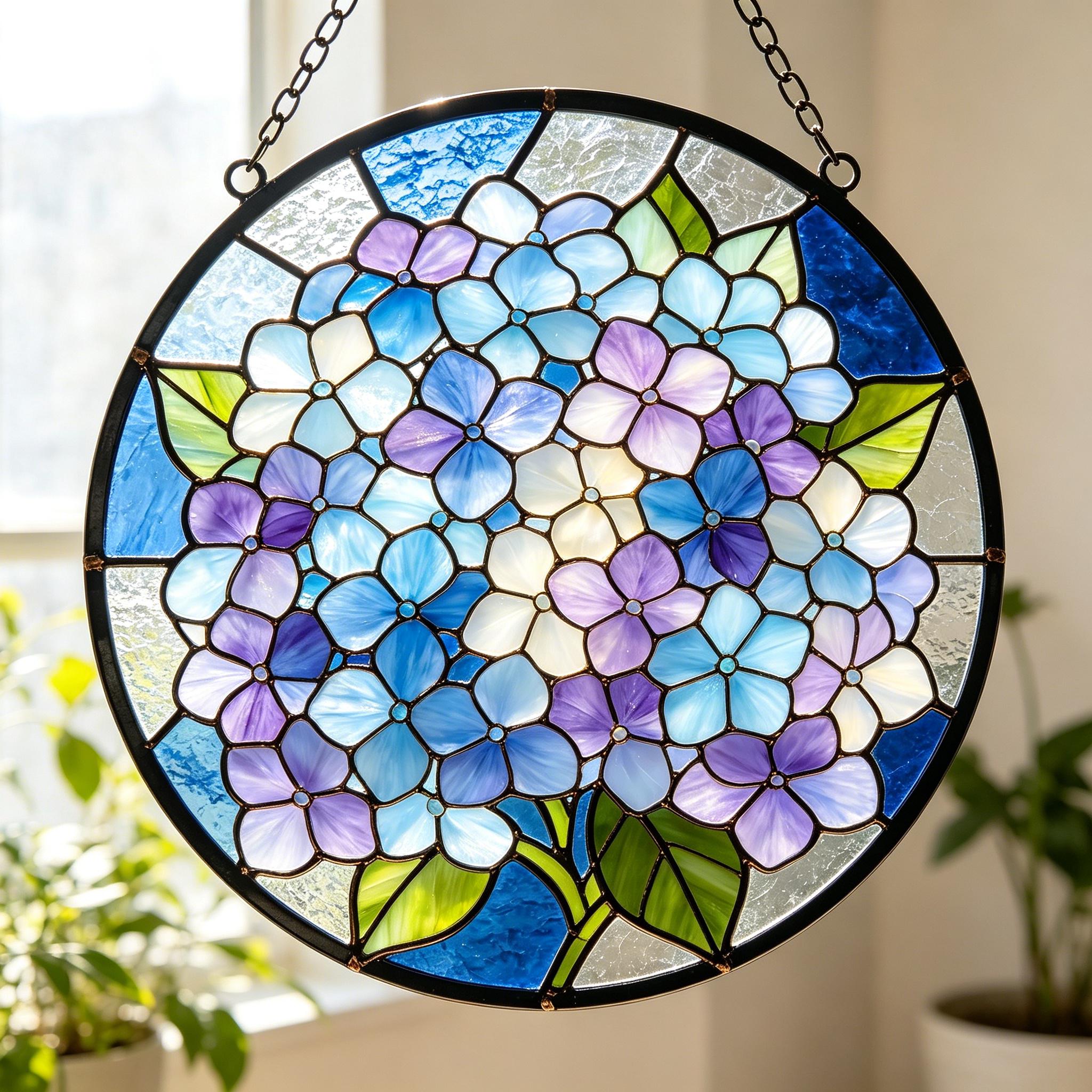 Hydrangea Window Display Blue Hydrangea Stained Glass Window Hanging, Wildflower Suncatcher ...