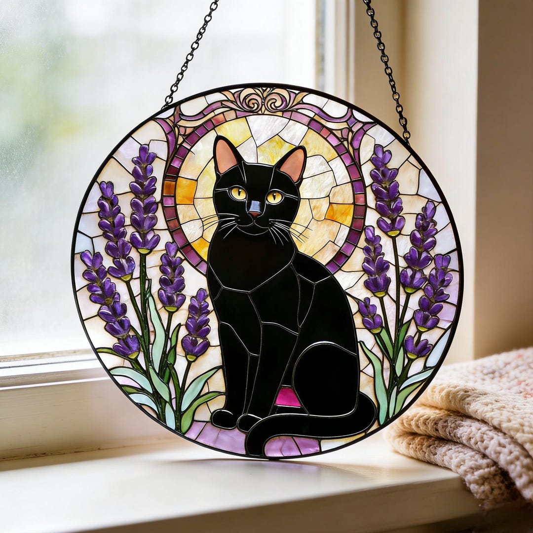 Black Cat Stained Glass Suncatcher, Flower Cat Glass Decor, Gift for ...
