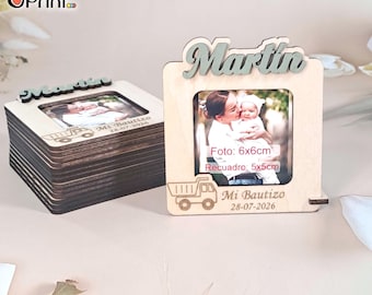Detalles para Bautizo o cualquier evento, Portafoto en Madera Personalizado, medida 9x8cm, Portafotos con Imán o soporte Mesa